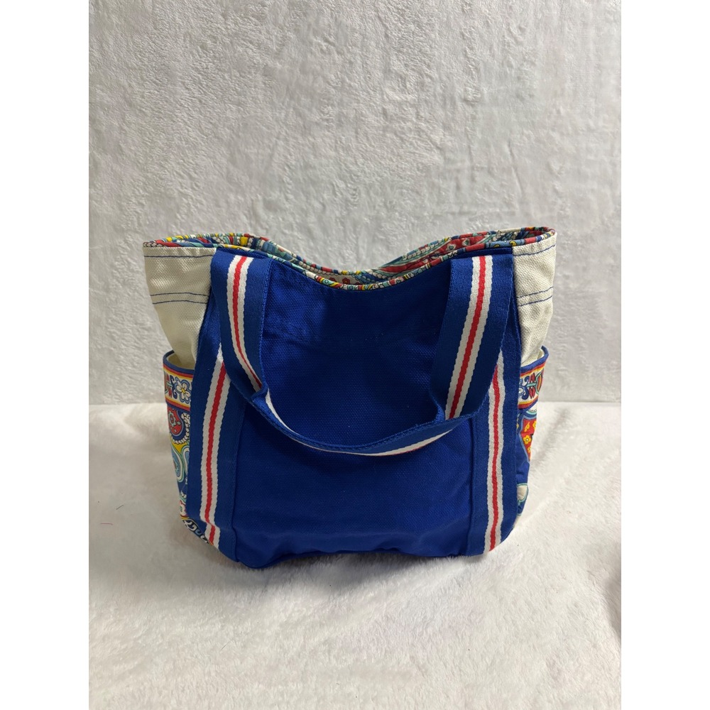 Vera Bradley Blue Canvas Paisley Tote Bag Striped Straps Side Pockets